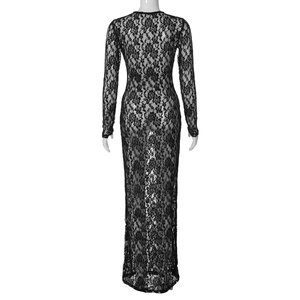 Detail of floral lace pattern on the back of a slim black sheer long sleeve maxi dress