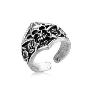 Gothic skull and bone hand open ring with vintage silver finish and carved details