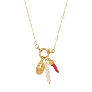 Detail of gold shell and red chili charms on a pearl and metal link necklace