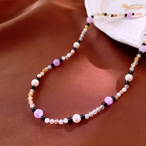 Collier vintage plaqué or avec perles semi-précieuses colorées et perles d'eau douce