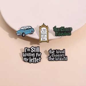 5-piece Harry Potter enamel pins set including blue flying car and quote badges