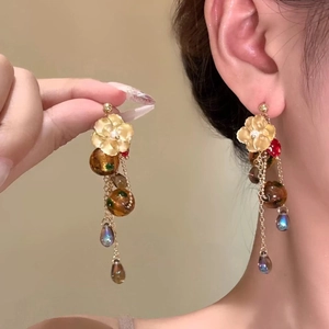 Bohemian leopard print tassel earrings with floral stud and colorful teardrop charms