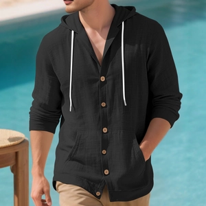 Men's black cotton linen hooded shirt with long sleeves and front kangaroo pocket