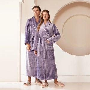 Long purple flannel bathrobe for couples featuring thick coral fleece and white piping