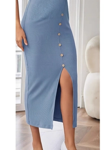Slim fit sky blue maternity maxi dress with side slit and decorative wooden buttons