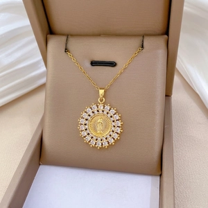 Virgin Mary Portrait Pendant Necklace Stainless Steel Chain Copper Radiant Sunburst Cubic Zirconia Elegant Religious Jewelry
