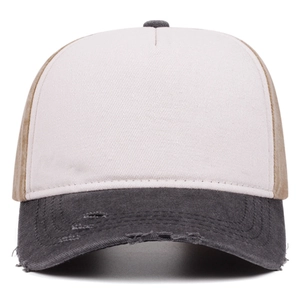 Vintage distressed washed denim baseball cap with beige crown and grey brim design