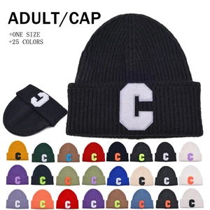 Knitted Beanie Hat Ribbed Woolen Warm Winter Letter C Patch Retro Casual Unisex Outdoor Accessories