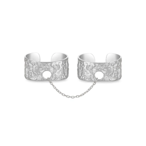 925 silver double finger ring set with textured finish and connecting chain link