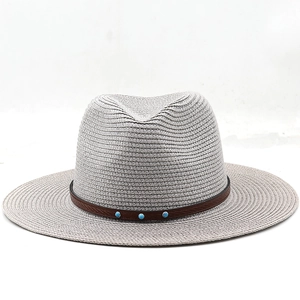 Cappello fedora panama da uomo in lino grigio con fascia in pelle e borchie turchesi
