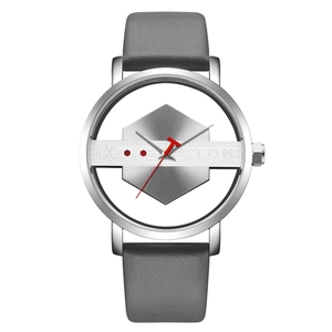 Modern TOMI unisex watch with hollow dial, grey leather strap, and silver alloy case