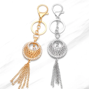 Porte-Clés Rond À Strass À La Mode Pendentif En Alliage Creux Avec Glands À Chaîne En Métal Pour Femme