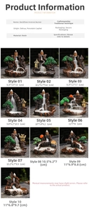 Detailed size chart and specifications for resin backflow incense burner landscapes