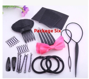 Comprehensive hair styling tool kit with bun makers, hairpins, and pink bow hair clip