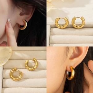Chunky gold hoop earrings in polished titanium steel, stylish minimalist French design