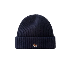 Unisex donkerblauwe gebreide muts met schattig corgi-hond borduursel voor de winter