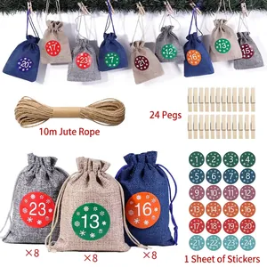 Christmas 24-day countdown calendar set with linen drawstring bags and wooden clips