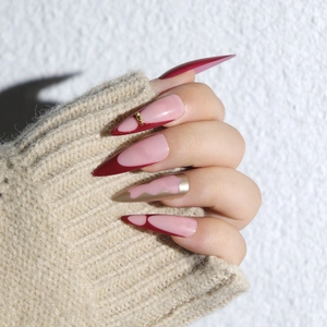 Elegant Long Stiletto Press On Nails French Wine Red Nude Pink With Gold Beads ABS Plastic Fashion Artificial For Women