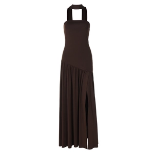 Detail of dark brown halter neck dress showing draped fabric and high side slit design