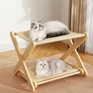 Solid Wood Double Layer Cat Bed Sisal Scratcher Bunk Bed Foldable Breathable Pet Hammock For Indoor Cats Kitten
