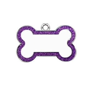 Zinc alloy bone-shaped dog tag with purple glitter border and polished metal surface