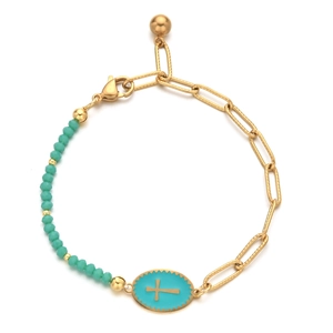 Gold cross bracelet with mint green faceted beads and paperclip chain link