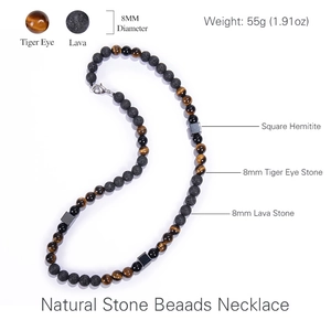 8mm tiger eye and lava stone beaded necklace with square hematite accents for yoga fashion