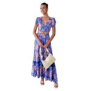 Summer V-neck blue floral maxi dress with slim waist belt and ruffle hem