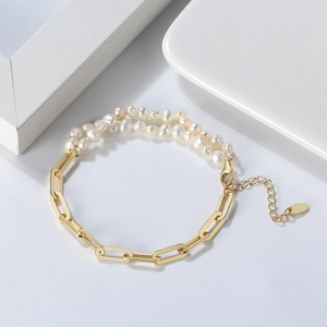 Bracelet en argent S925 avec perles d'eau douce naturelles et chaîne à maillons dorés