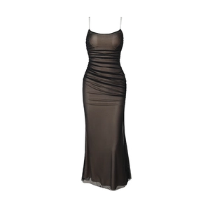 Elegant black ruched mesh bodycon midi dress with spaghetti straps on invisible mannequin