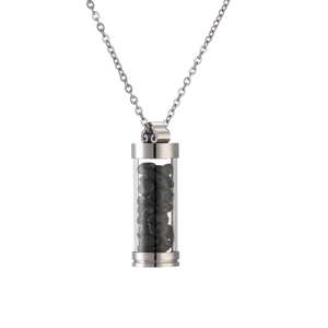 Fashion stainless steel perfume bottle pendant necklace with black stones on white background