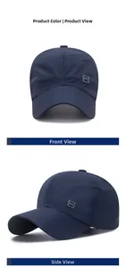 Detail view of quick-dry navy baseball cap with laser-cut holes and silver square logo