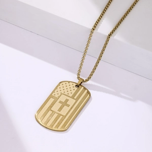 Golden stainless steel dog tag necklace with American flag and cross relief design