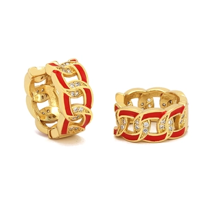 Vintage 18K gold plated Cuban chain hoop earrings with red enamel and zircon accents