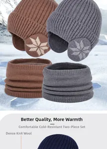 Detailed view of the thick knit beanie and neck warmer set with winter snowflake patterns