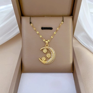 Crescent Moon Flower Pendant Necklace Titanium Steel Chain Copper Micro Inlaid Zircon Gold Elegant Jewelry For Women
