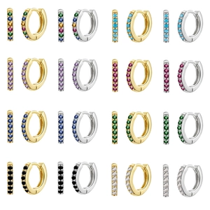 Classic S925 sterling silver hoop earrings with colorful zircon stones in gold and silver