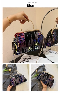 Detail of colorful sequins on evening bag with gold ring handle and chain strap