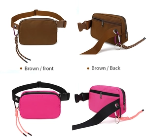 Front and back views of brown and pink waterproof nylon belt bags with adjustable straps