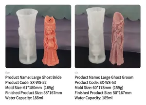 Detailed view of silicone mold and finished ghost bride and groom skull candle