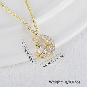 Detailed view of gold crescent moon and planet pendant necklace with zircon dimensions
