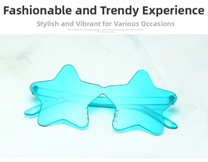 Close-up of star-shaped rimless sunglasses in light blue on a marble surface