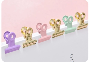 Detail of colorful hollow metal binder clips in macaron colors on a desk organizer