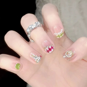 Press On Nails Elegant Artificial Pearl Glitter Floral Checkered Pattern Sweet French Style Artificial Fingernails For Women