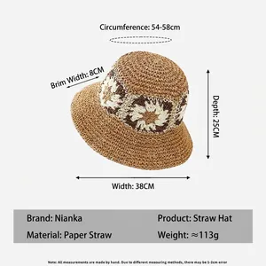 Women summer straw bucket hat with floral knit design and wide brim sun protection