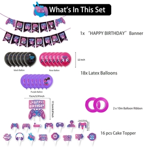 Game On birthday party set including game controller banner, cake toppers and latex balloons