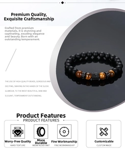 Macro shot of matte black beads, tiger eye stones and a black zircon paved bead