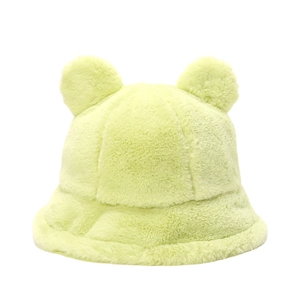 Cute lime green plush bear ear bucket hat for women made of warm thick faux rabbit fur
