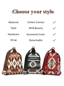 Detail of bohemian canvas crossbody bags featuring detachable straps and gunmetal hardware
