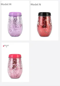 Detailed view of 10oz glitter double-wall tumblers in purple, red, and pink colors